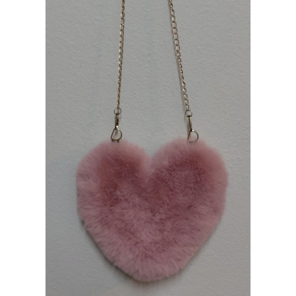 Pink Faux Fur Heart Shaped Crossbody Bag Fluffy Plush Purse 9.5